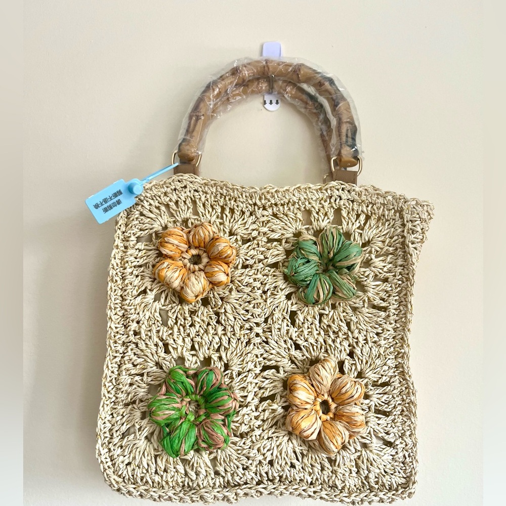 Handmade Crochet Tote with Raffia Made Flowers, Boho Purse, Cottagecore Handbag